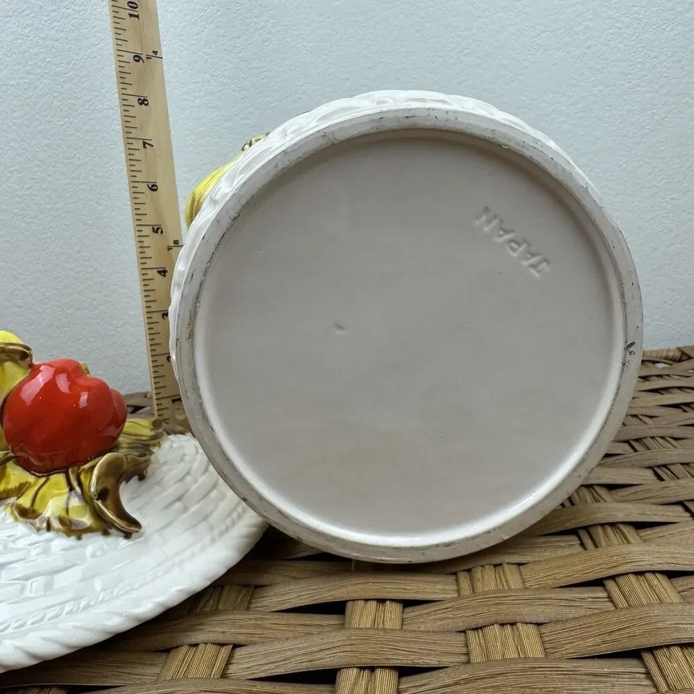 Vintage Ceramic Fruit Canister Jar Lid Basketweave Pear Apple Grapes Japan 10”